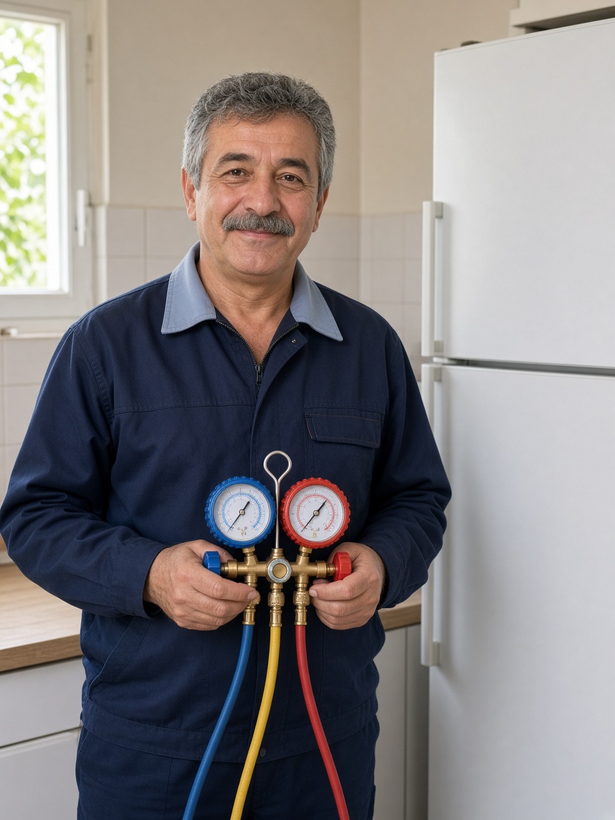 Kutup Soğutma teknisyeni manifold saatiyle gaz basıncını ölçerken